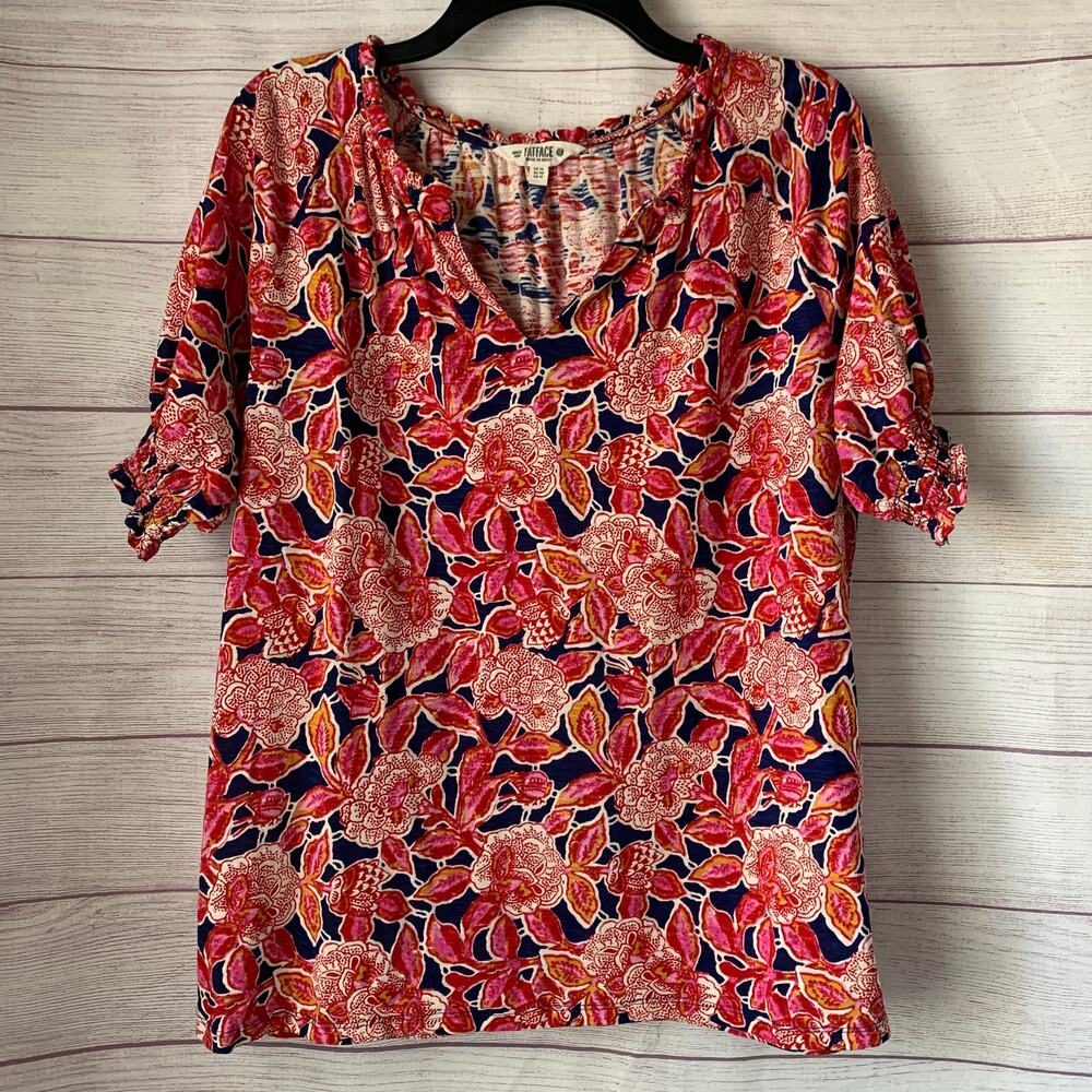 FatFace Indigo Blue Batik Floral Top Ruffle Neck Smocked Cuffs Size 10